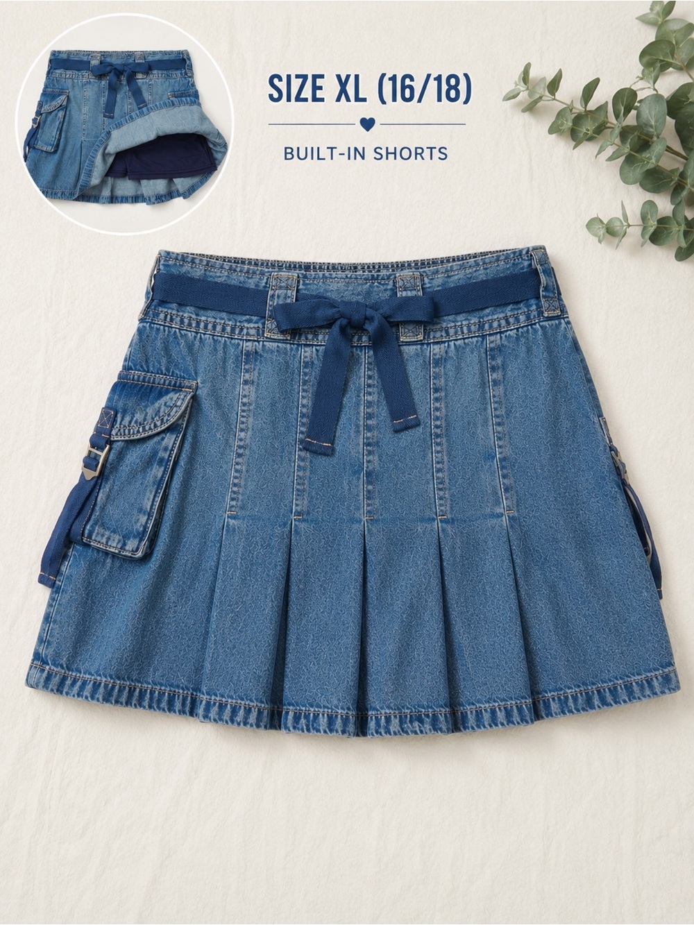 NWT Justice Girls Denim Pleated Cargo Skort